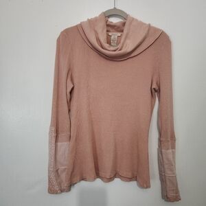 Sundance Small Pink Waffle Knit Cowl Neck Long Sleeve Top Cuff Detail S